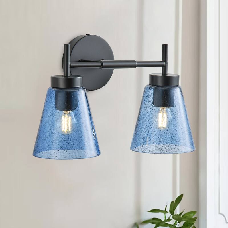 Rustic Farmhouse Black 2-Light Wall Sconce with Blue Seeded Glass Shade