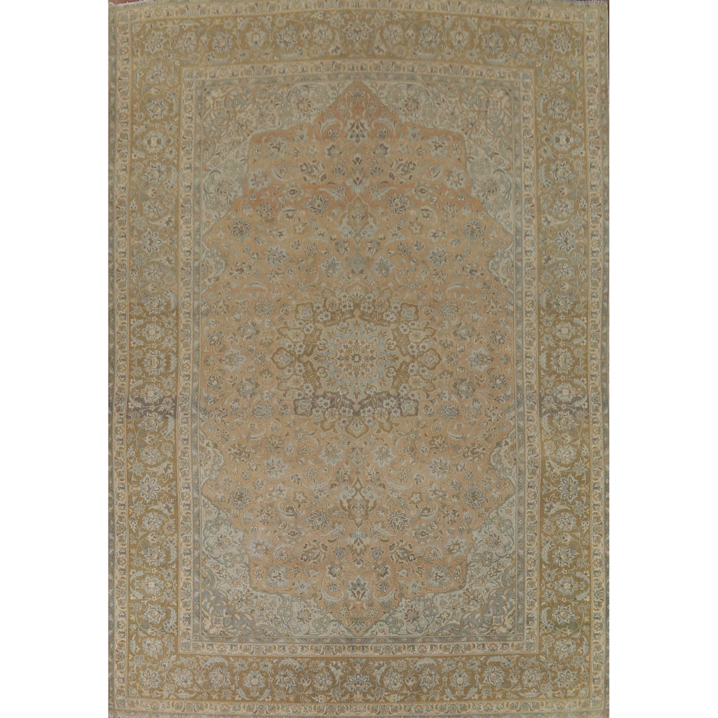 Traditional Kashan Vintage Persian Rug Hand-Knotted Floral Wool Carpet - 9'7" x 12'11"