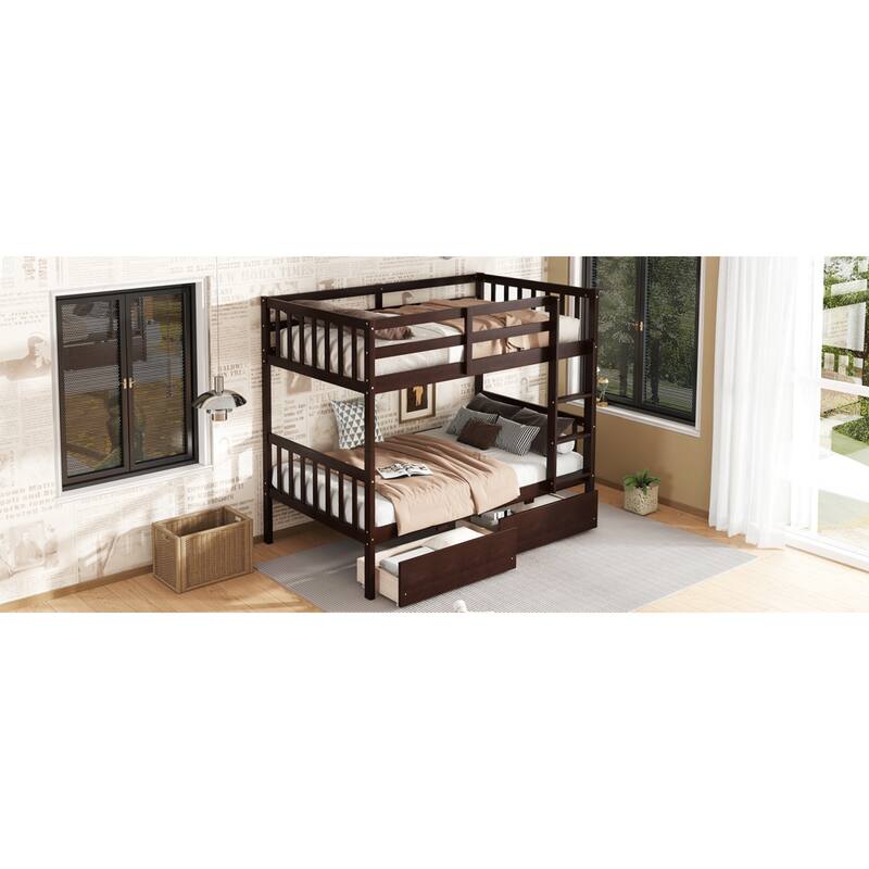 Roomfitters Twin Over Twin Rubber Wood Bunk Bed with Underbed Storage, Convertible to 2 Twin Beds, Ladder & Guardrails
