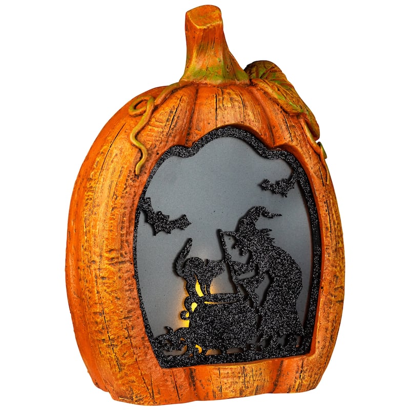 Witch Stirring Flickering Cauldron Scene Inside Pumpkin Halloween Decoration - 13" - LED Orange Light