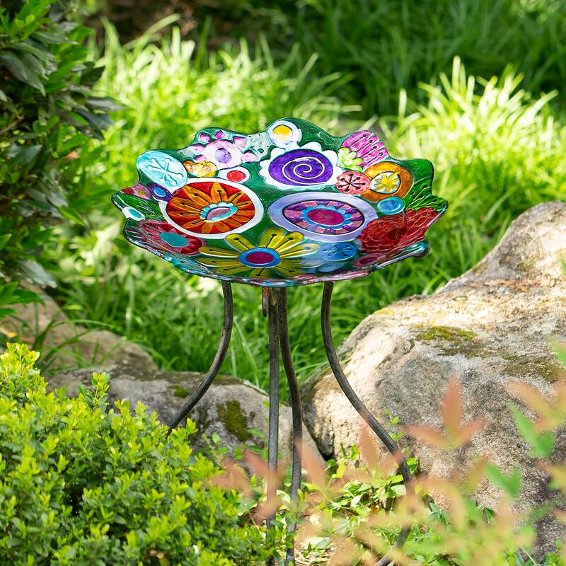 18" Abstract Floral Sculpted Edge Glass Bird Bath