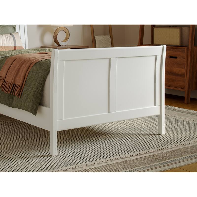 Twin XL Platform Bed Wood Sleigh Low Profile Bed Frame with Footboard - White Finish