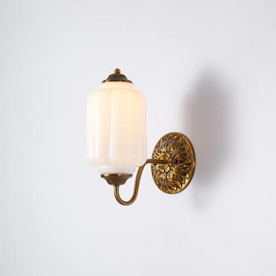 1-Light Vintage Antique Brass Finish Lantern Shaped Wall Light with Opal/Green Glass Shade for Bedroom, Hallways