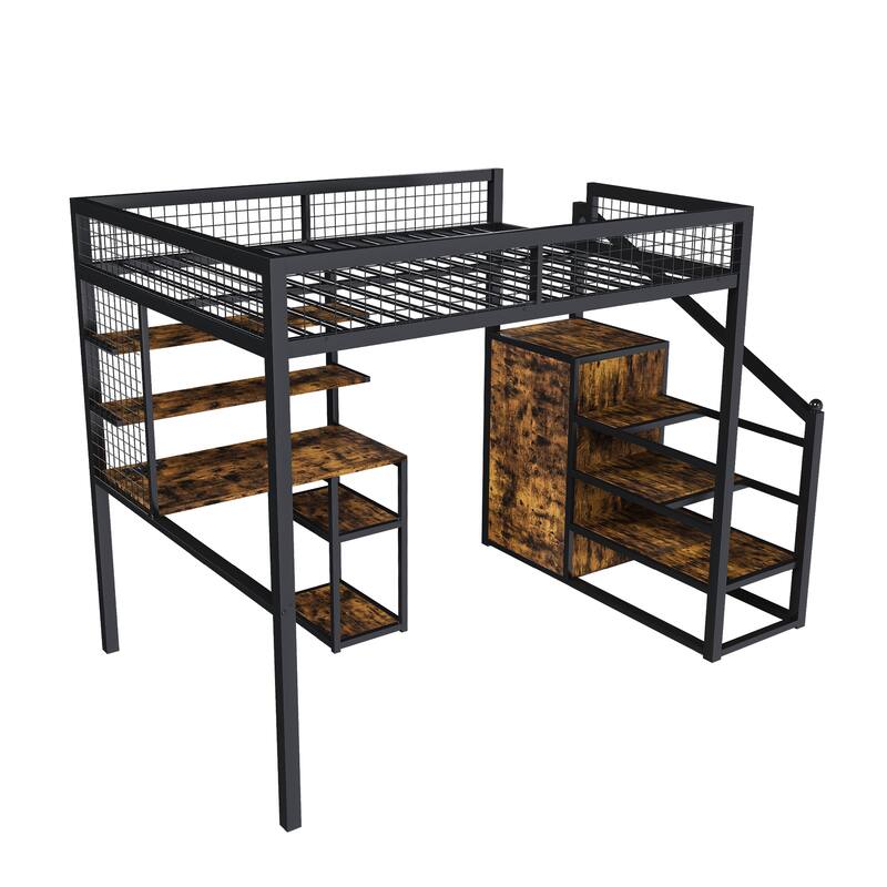 Full-Size Metal Loft Bed with Desk & Wardrobe, Built-In Staircase, Storage Shelves, Gaming/Study Bed with USB & Power Outlet