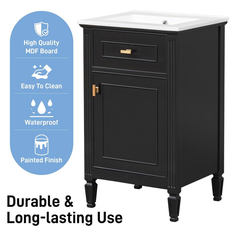 20" Freestanding Bathroom Vanity with Sink, Solid Wood Legs, Adjustable Shelf & Tilt-Out Drawer, Perfect for Tiny Bathrooms