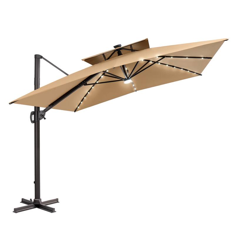 12 x 9 FT Outdoor Patio Cantilever Umbrella with Solar Lights Double Canopy 360 Rotation Tilt