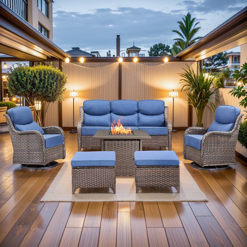 Pocassy Outdoor 6" Sofa Swivel Chair Ottoman with Fire Pit Table - Brown Wicker Blue Cushion - 6 Pieces Sofa Chair Ottoman with Fire Table