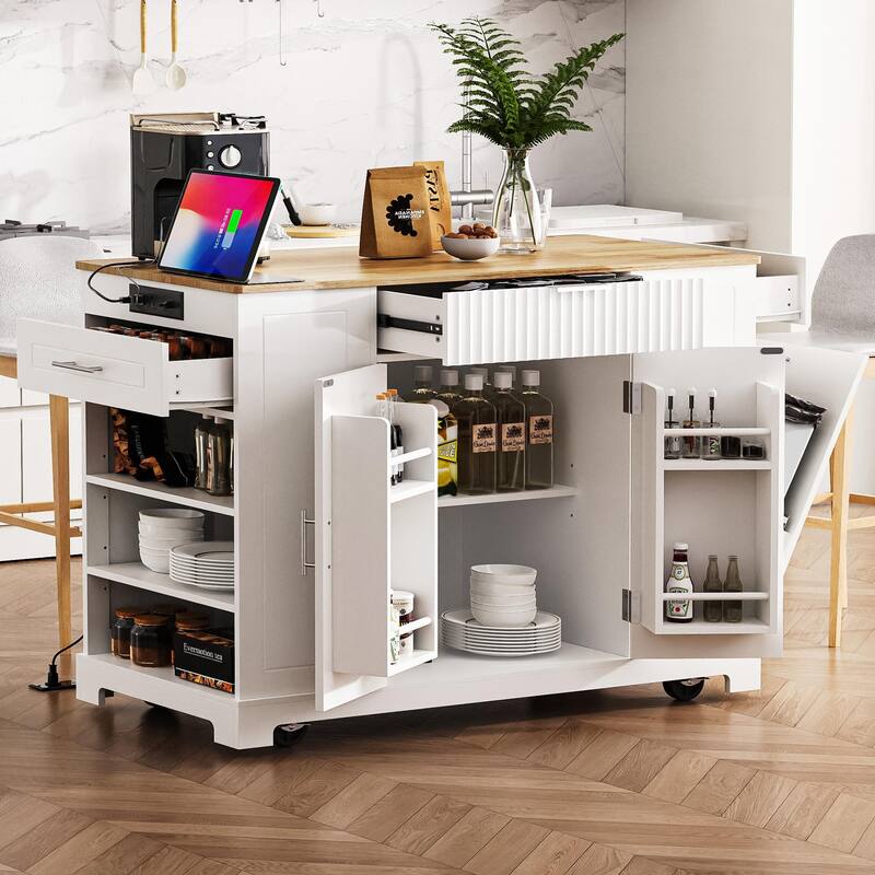 Fluted Kitchen Island With Trash Can Storage Cabinet(no include stool)