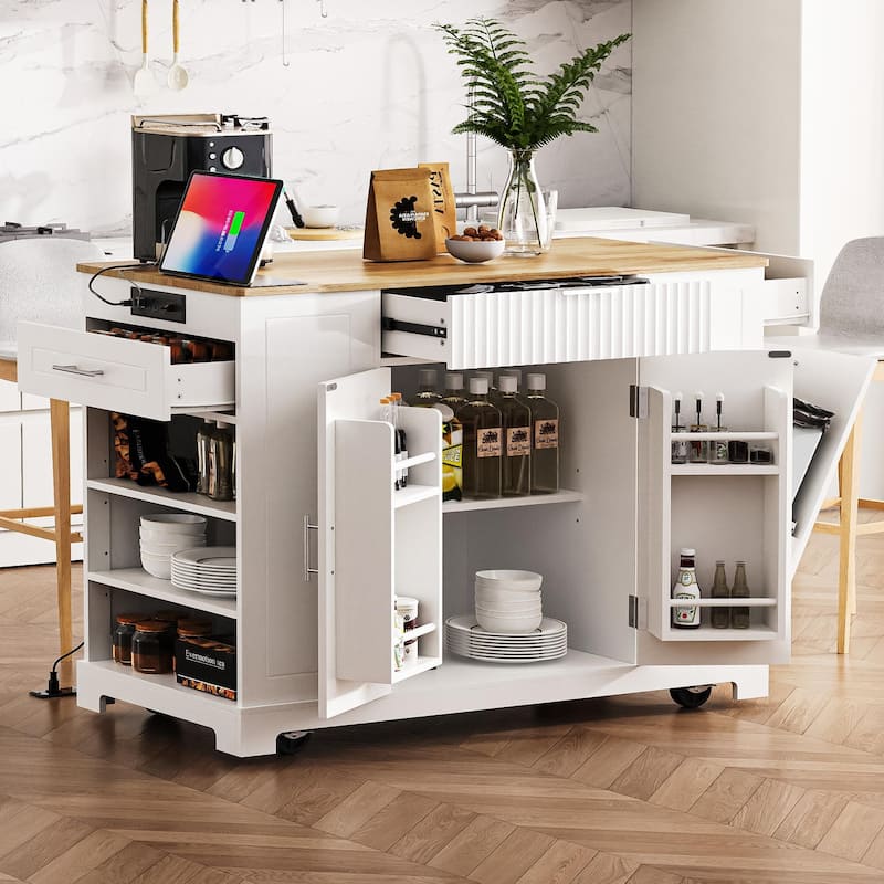 Fluted Kitchen Island with Trash Can Storage Cabinet, Kitchen Cart with Power Outlet Rolling Kitchen Islands on 5 Wheels - White