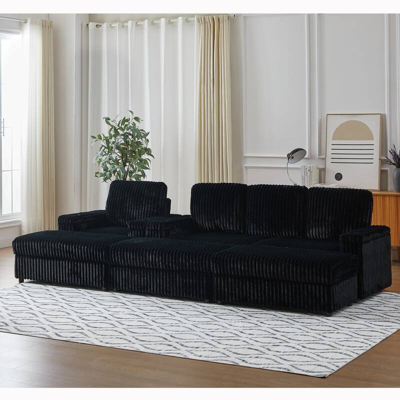3-seater Modern Sofa with Corduroy Single Sofa, Cup-holding Grooves and 3 Ottomans - Black
