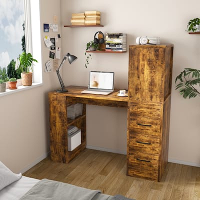 Computer Desk with 4-in-1 Socket & 3 Drawers, 4-Tier Storage Shelves, Carbonized Wood Finish Laminate for Home Office, Study