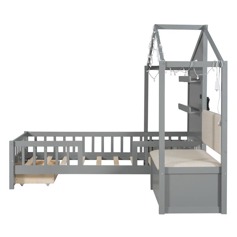 Twin Size House Bed with Upholstered Sofa, House Bed with Charging Station