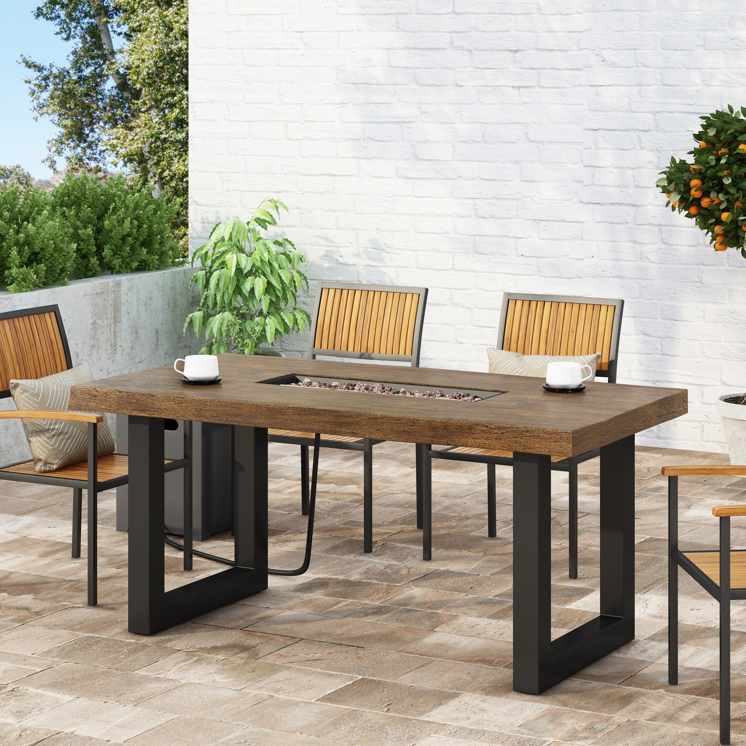 Patio dining table store with fire pit