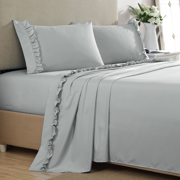slide 2 of 10, Home Essential Luxurious Silky Ruffle Hem Microfiber Bedding Sheet Set Full - Grey Sky