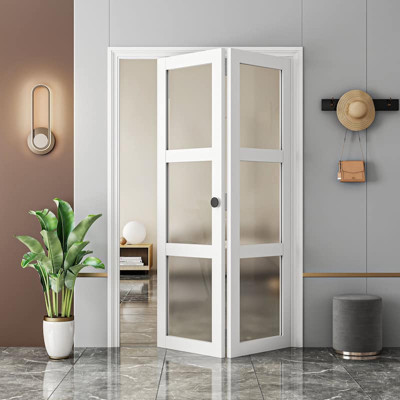 80 in.White Double 3-Lite Bi-Fold Doors Frosted Glass Solid Manufactured With Installation Hardware Kit