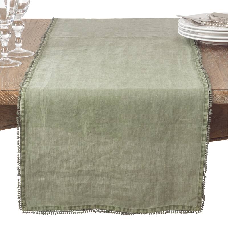 Table Runner With Pom Pom Design - Olive