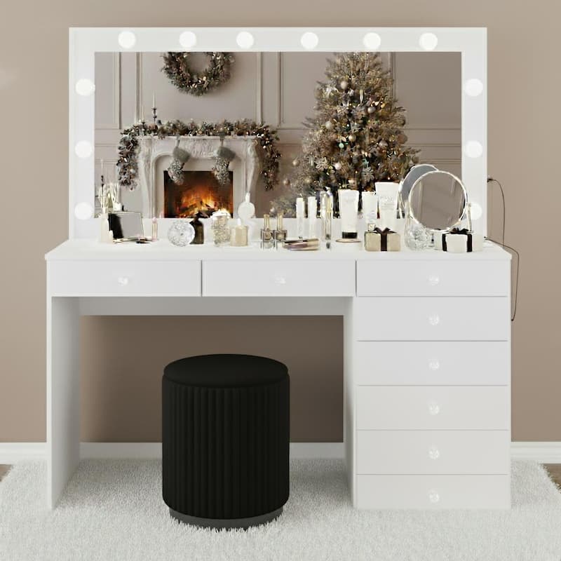 Boahaus Makeup Vanity Desk Glass Top 8 Drawers Crystal Knobs Lighted Mirror - White