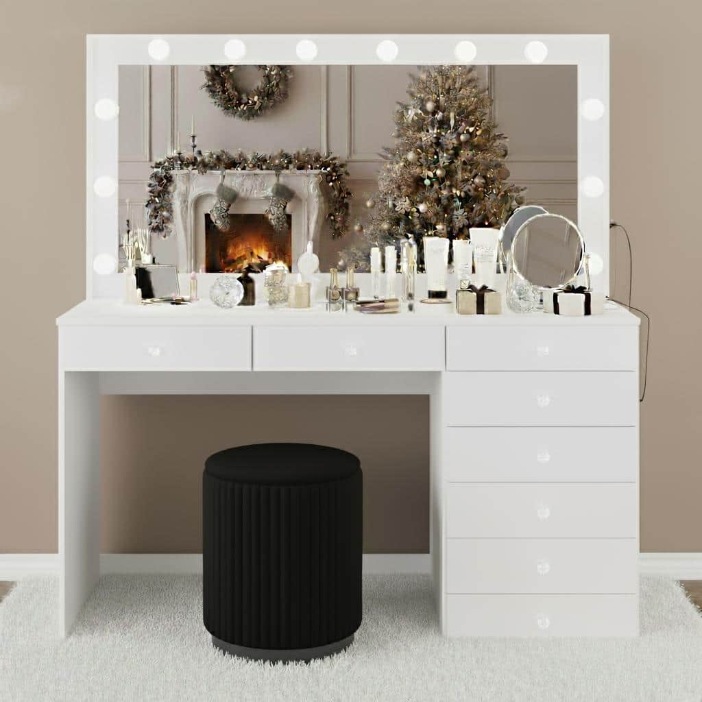 Boahaus Makeup Vanity Desk Glass Top 8 Drawers Crystal Knobs Lighted Mirror