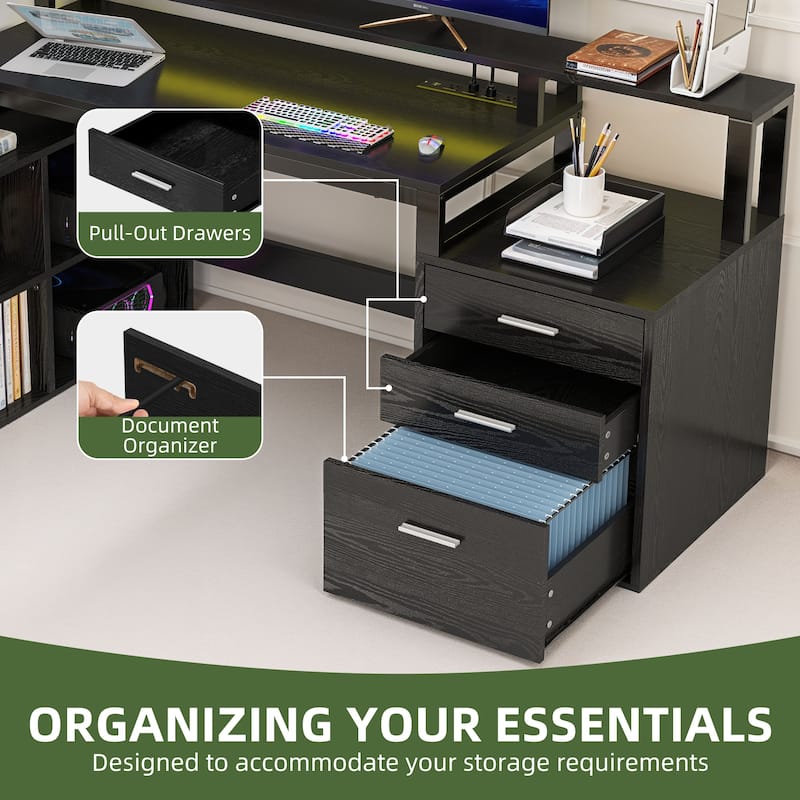Moasis 65" Computer Desk with Filing Cabinet and Storage Shelves, LED Lighting Corner Home Office Desk