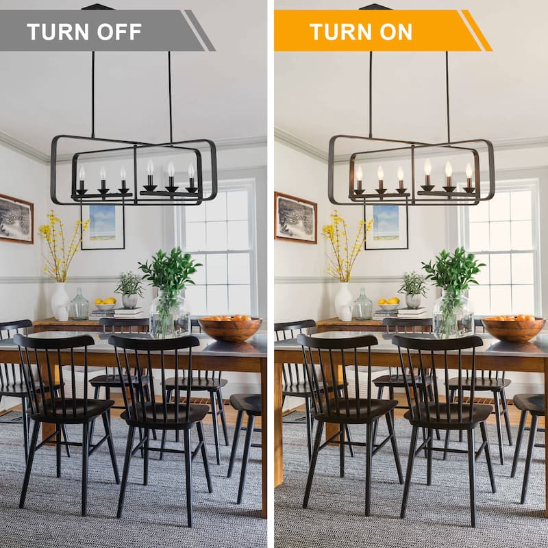 CurveCurio 42" Modern Matte Black Flush Mount Adjustable Dining Light, 6-Lights Fixture with Two Dwonrod for Dining Room