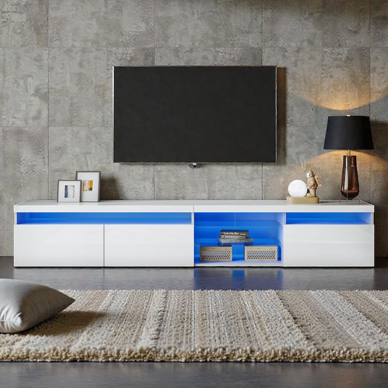 94.5" LED TV Stand with Glass Shelves, Modern Media Console for TVs up to 105" for Living Room, Storage Cabinets - White