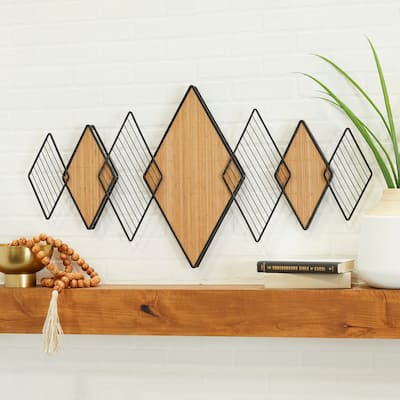Brown Bamboo Overlapping Diamond Geometric Wall Decor with Metal Wire