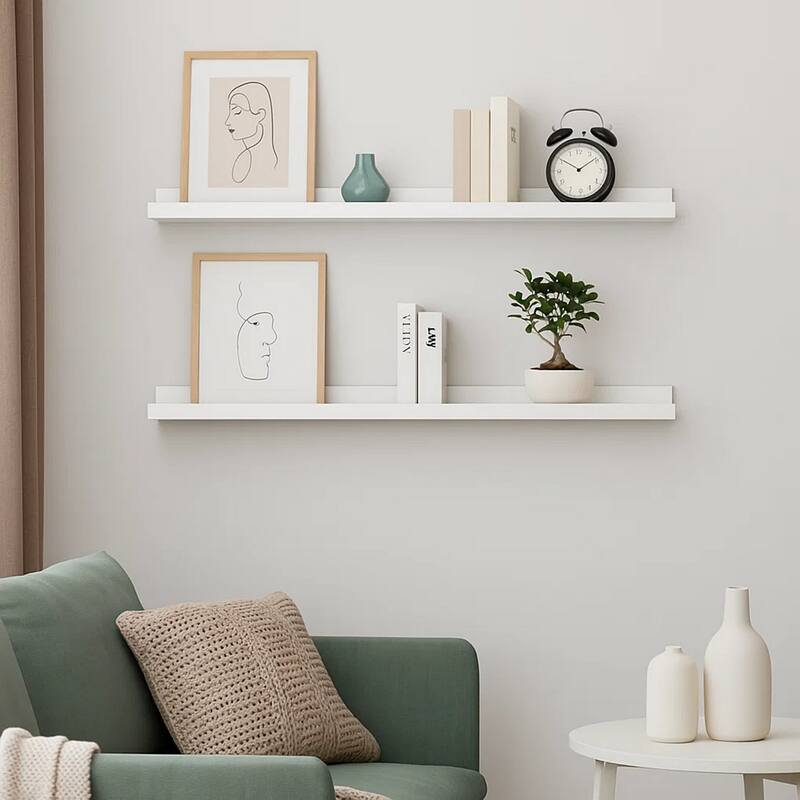 Yuli Wall Shelf Set of 2, Contemporary White, Raised Ledge Design 32 Inch