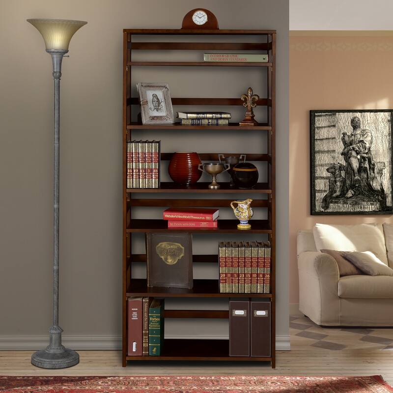 Folding Bookcase Shelf - 67" Tall Bookcase, Storage Organizer, Mocha Walnut Finish