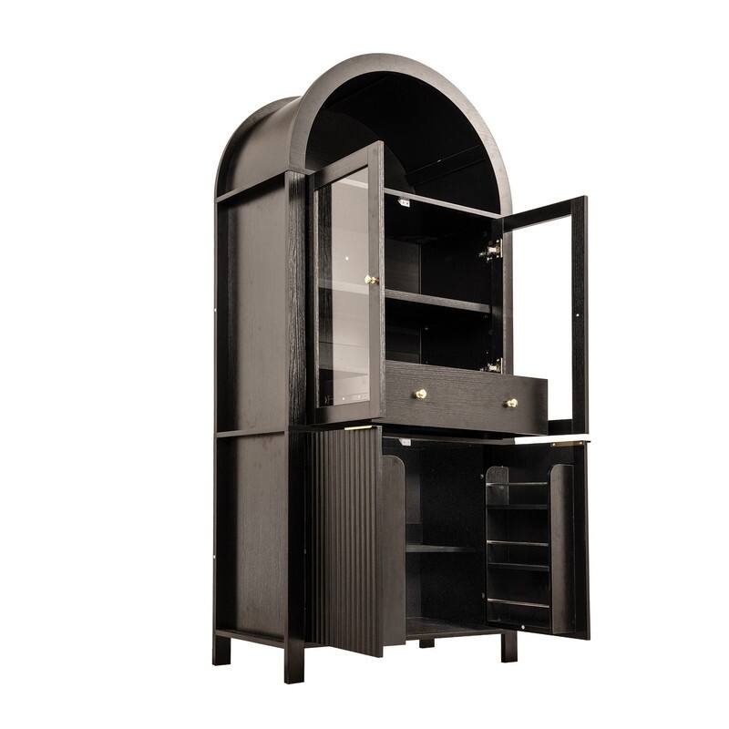 71" Tall Fluted Arched Pantry Cabinet with Glass Doors and Adjustable Shelves for Elegant Kitchen Storage