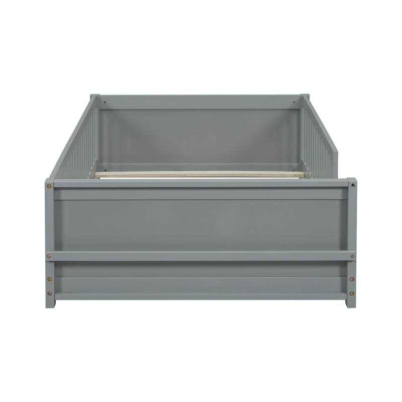 Twin Size Wood Floor Platform Bed with Built-in Book Storage Rack