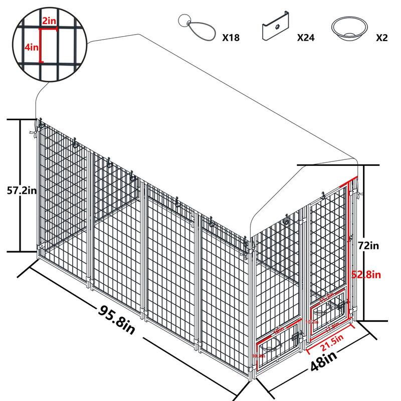 VEIKOUS Outdoor Dog Cage Kennel Fence with Rotating Feeding Door, Cover, and Stainless Bowls