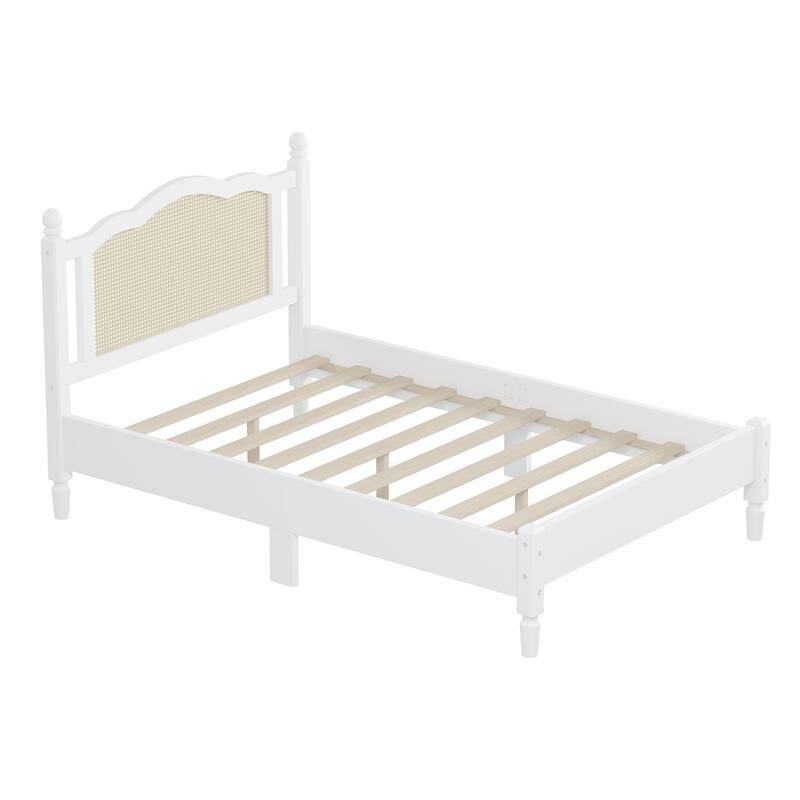 Wooden Platform Bed with Arc Rattan Headboard Bed Frame, Pine Wood Panel Bed, Solid Wood Legs for Bedroom