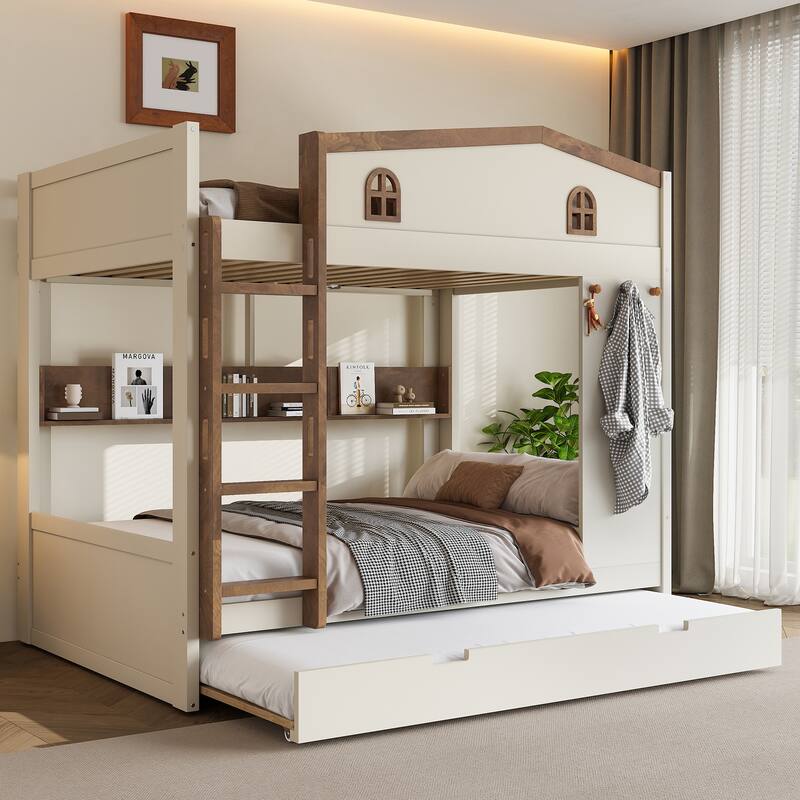 Full over Full Bunk Bed with Trundle and Storage Shelves, Solid Wood Bunk Beds with hooks, No Box Spring Needed