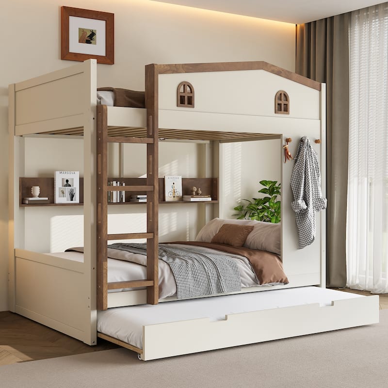 Queen over Queen Bunk Bed with Trundle, Shelves and Hooks