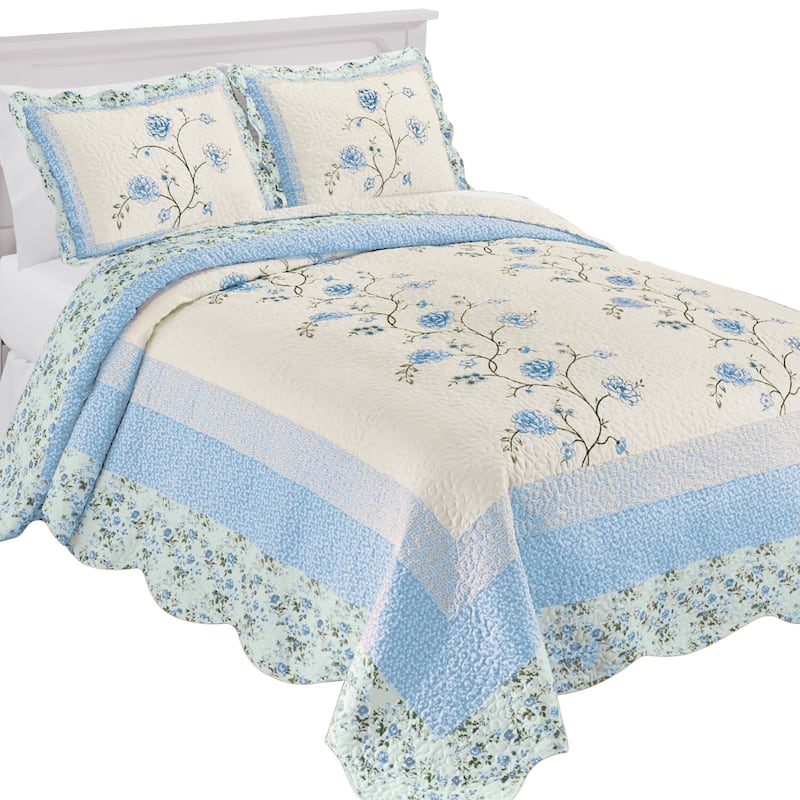 Floral Embroidered Scalloped Edge Quilted Bedspread