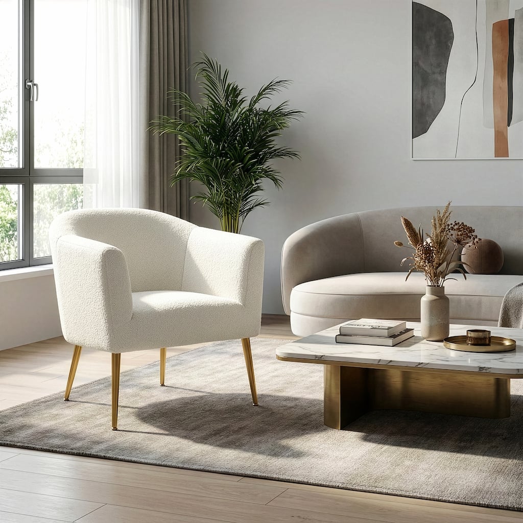 Ayami White Boucle Accent Chair with Gold Legs