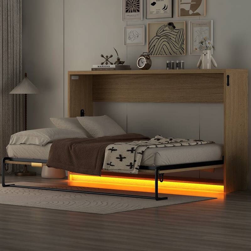 Twin Size Hidden Wall Murphy Bed with LED Light - Natural