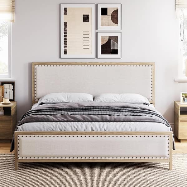 Upholstered Platform Bed with Linen Headboard and Footboard On Sale