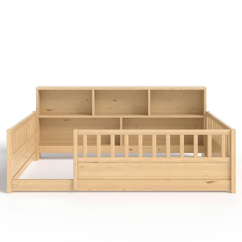 Wooden Floor Bed Frame with Fence Guardrail & Side Storage, Low Profile Kids Bed (Full/Twin)