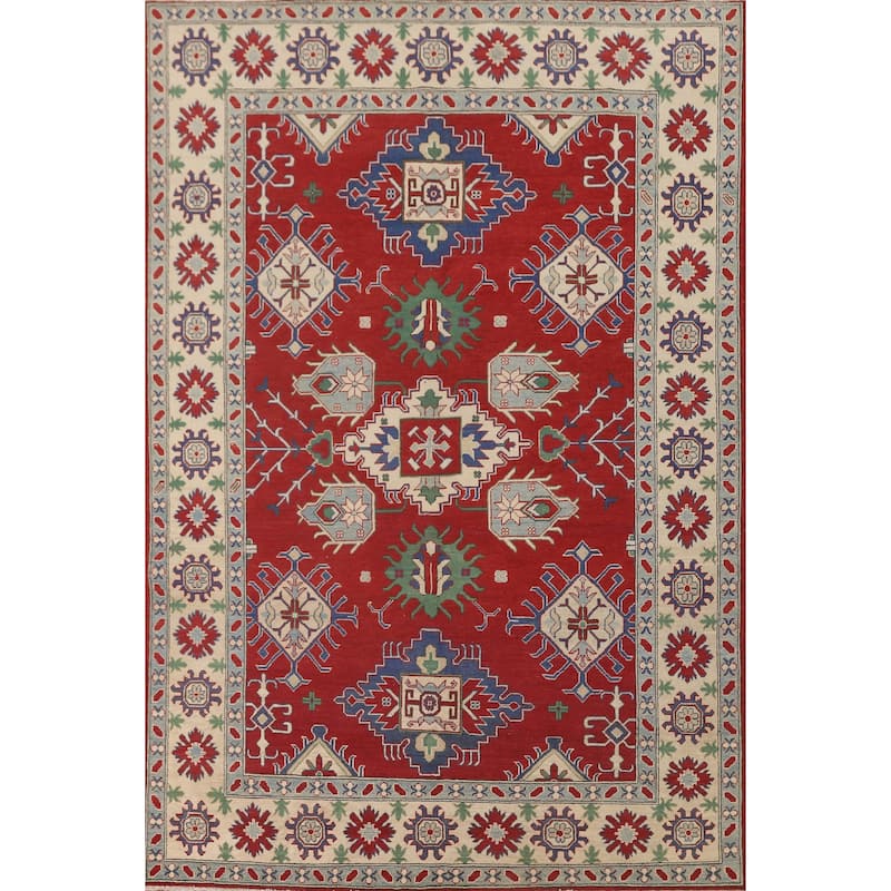 Red Geometric Kazak Area Rug Hand-Knotted Wool Carpet - 6'9" x 9'8"