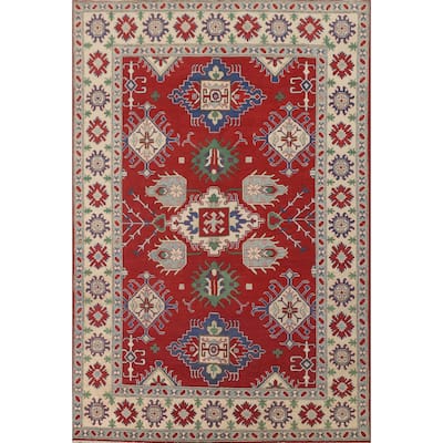 Red Geometric Kazak Area Rug Hand-Knotted Wool Carpet - 6'9" x 9'8"