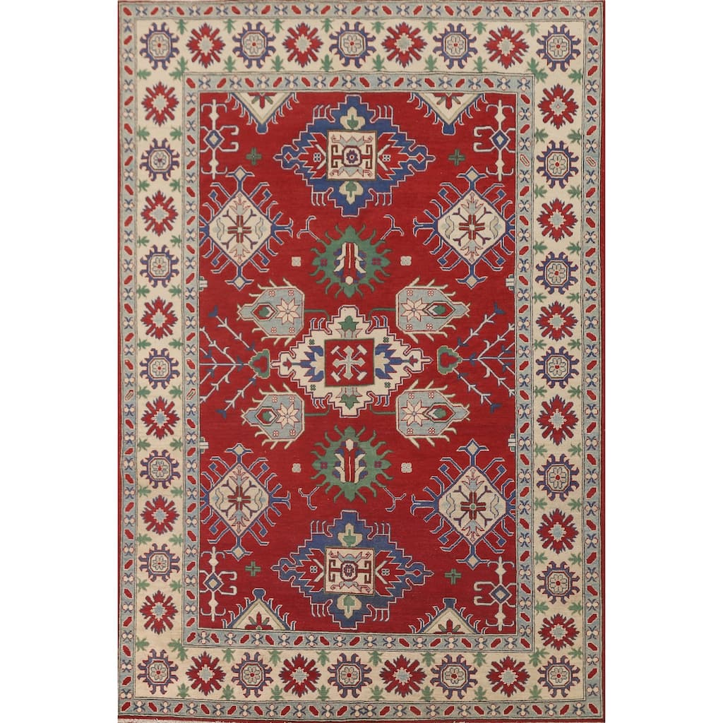 Red Geometric Kazak Area Rug Hand-Knotted Wool Carpet - 6'9" x 9'8"