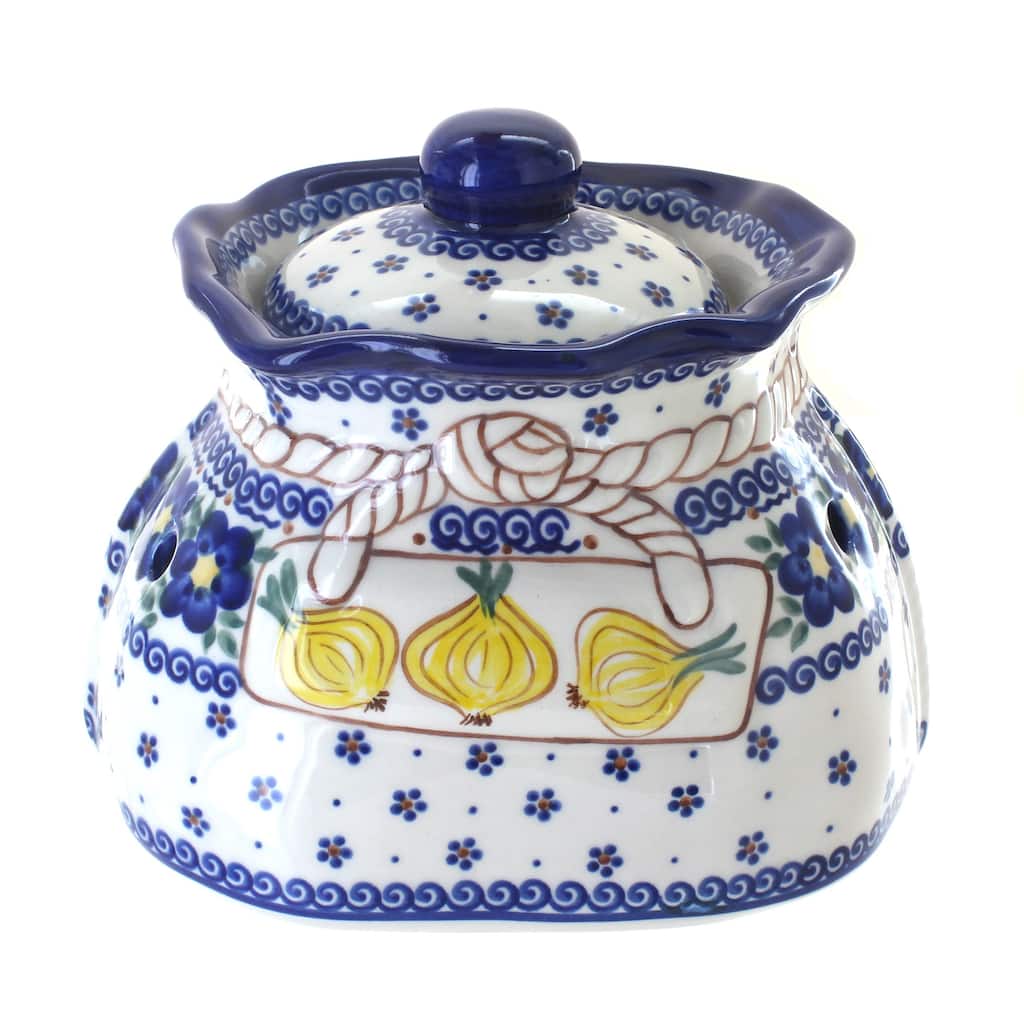Blue Rose Polish Pottery Spring Blossom Large Garlic Keeper