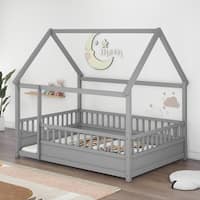 Full Kids Floor Bed with Fence Railings Wooden Montessori Bed Frame ...