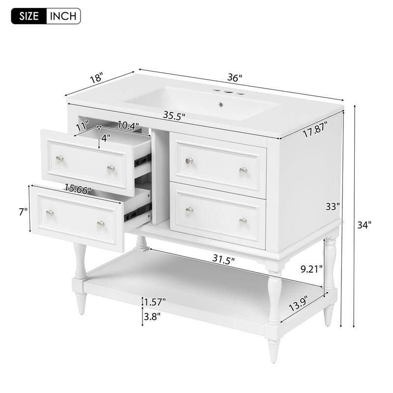 36 Inch Bathroom Vanity Combo with Ceramic Sink and Mirror Cabinet, Modern Storage Cabinet with 4 Drawers