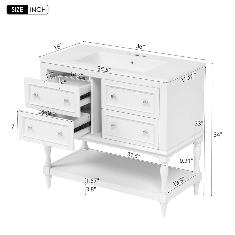GDFStudio - Wesbridge Modern Bathroom Vanity Set with Ceramic Sink and 4 Storage Drawers - 36'W