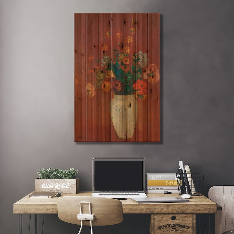 Bouquet In A Chinese Vase Print On Wood by Odilon Redon - Multi-Color