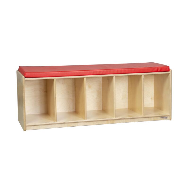 Wood Designs Kids Reading Bench with Red Cushion, Birch Wood Sturdy Cubby Storage Bench for Toddler - 16" High