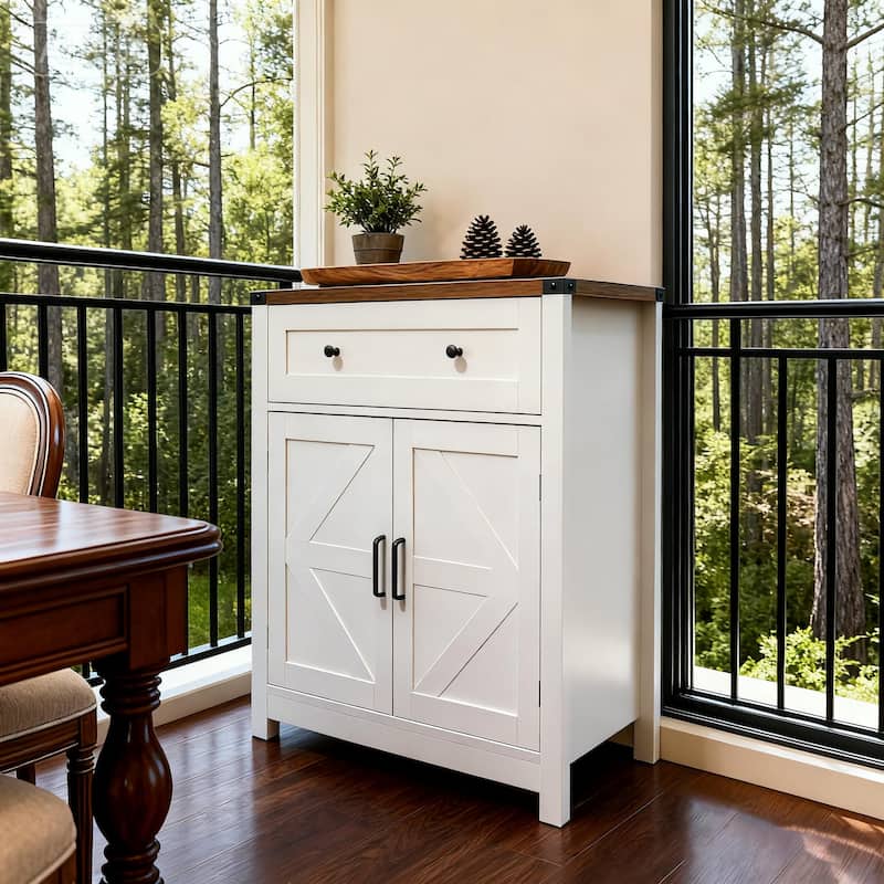 Farmhouse Barn-Door Storage Cabinet, Coffee Bar Buffet Sideboard with Drawer for Kitchen & Living Room