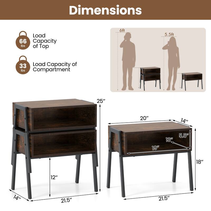 Gymax 2PCS Stackable End Table Night Stand Bedside Table Shelf Accent - 21'' x 14'' x 18''